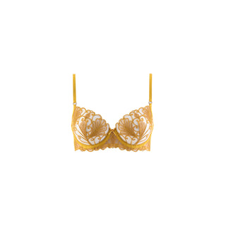 Yellow bra with floral lace details on a white background