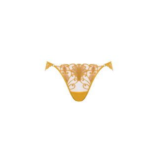 Gold bikini bottom with intricate design on a white background