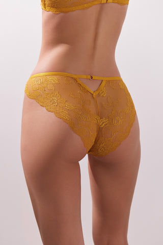 Yellow lace underwear on a plain background