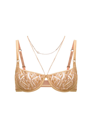 Suspended Lingerie Balconette Bra in Golden finishing and golden chain on a white background
