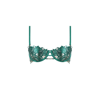 Suspended picture of a Green color Balconette Underwire Bra on a white background by SHIKKOSA
