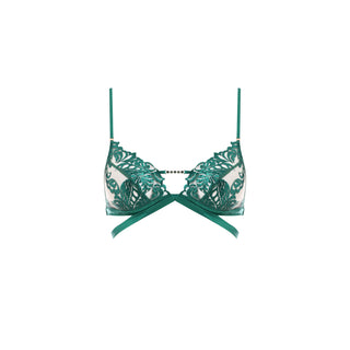 Green and white bralette with leaf pattern on a white background