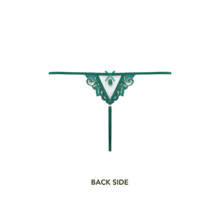 Green lace thong on a white background with 'BACK SIDE' text.
