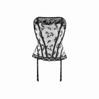 Black lace corset with floral patterns on a white background