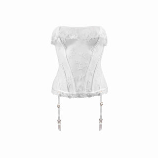 White lace corset with suspenders on a white background