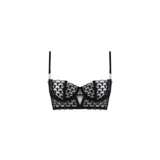 Black embroidered balconette underwire bra, geometric pattern Shikkosa