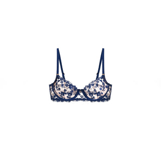 SHIKKOSA Lingerie Embroidered Underwire Classic Fit Bra in Deep Blue color and matching lace straps, displayed against a solid white background.