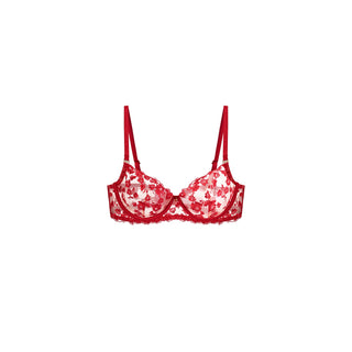 SHIKKOSA Lingerie Embroidered Underwire Classic Fit Bra in Lipstick Red color and matching lace straps, displayed against a solid white background.