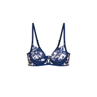Deep blue floral lace lingerie push up bra with adjustable shoulder straps, shown flat against a solid white background.