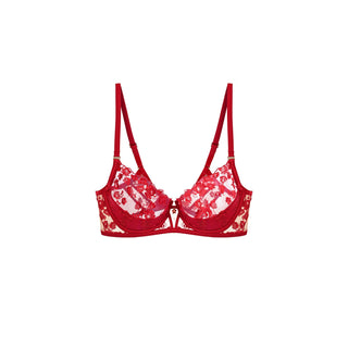 Lipstick floral lace lingerie push up bra with adjustable shoulder straps, shown flat against a solid white background.