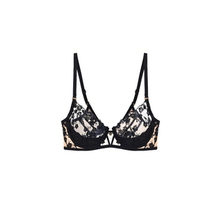 Black floral lace lingerie push up half cup bra with adjustable shoulder straps, shown flat against a solid white background.