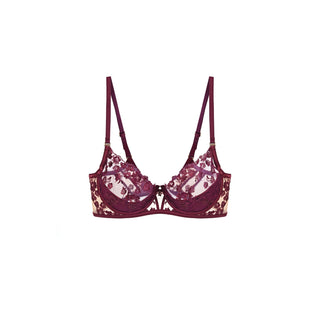 Plum floral lace lingerie push up bra with adjustable shoulder straps, shown flat against a solid white background.