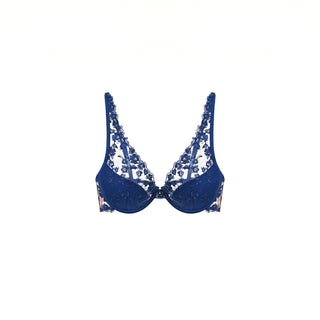 SHIKKOSA Lingerie Embroidered Padded Push Up Bra in Deep Blue color and matching lace straps, displayed against a solid white background.