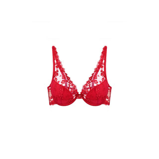 SHIKKOSA Lingerie Embroidered Padded Push Up Bra in Lipstick Red color and matching lace straps, displayed against a solid white background.