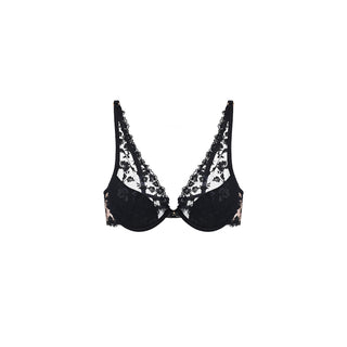 SHIKKOSA Lingerie Embroidered Padded Push Up Bra in Black color and matching lace straps, displayed against a solid white background.