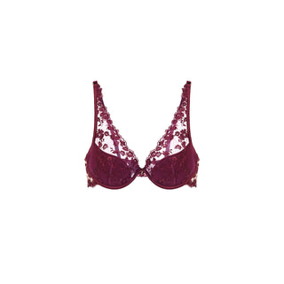 SHIKKOSA Lingerie Embroidered Padded Push Up Bra in Plum color and matching lace straps, displayed against a solid white background.