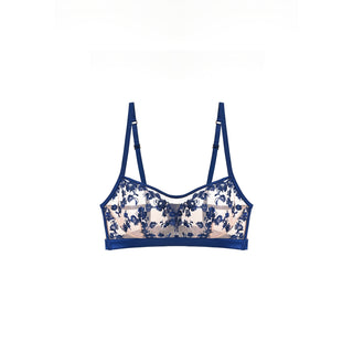 SHIKKOSA Lingerie Embroidered Longline Wireless Bralette in Deep Blue color and matching lace straps, displayed against a solid white background.