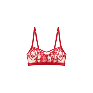 SHIKKOSA Lingerie Embroidered Longline Wireless Bralette in Lipstick Red color and matching lace straps, displayed against a solid white background.