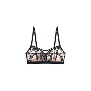 SHIKKOSA Lingerie Embroidered Longline Wireless Bralette in Black color and matching lace straps, displayed against a solid white background.