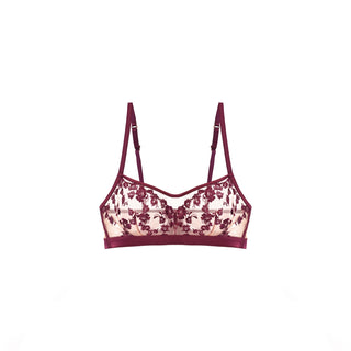 SHIKKOSA Lingerie Embroidered Longline Wireless Bralette in Plum color and matching lace straps, displayed against a solid white background.