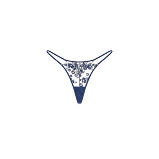 A pair of Shikkosa women's lingerie lace thong in deep blue color, featuring a floral lace pattern on the front and sides with a solid blue waistband and leg openings, displayed on a clean white background.