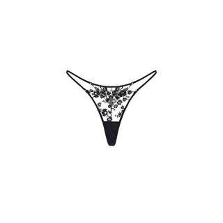 A pair of Shikkosa women's lingerie lace thong in black color, featuring a floral lace pattern on the front and sides with a solid black waistband and leg openings, displayed on a clean white background.