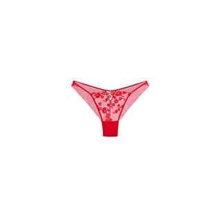 Red sheer lace thong with a floral pattern and solid red waistband, shown on a plain white background.