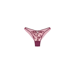 A pair of women's thong panties featuring a light pink floral lace panel with dark burgundy trim and a solid burgundy waistband, set against a plain white background.
