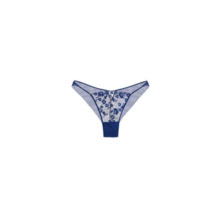 A pair of women's lingerie lace brief in deep blue color, featuring a floral lace pattern on the front and sides with a solid blue waistband and leg openings, displayed on a clean white background.
