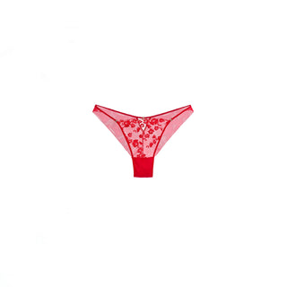 A pair of women's lingerie lace brief in lipstick red aw26 color, featuring a floral lace pattern on the front and sides with a solid red waistband and leg openings, displayed on a clean white background.