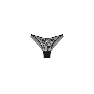 A pair of women's lingerie lace brief in black color, featuring a floral lace pattern on the front and sides with a solid black waistband and leg openings, displayed on a clean white background.