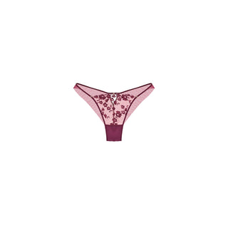 A pair of women's lingerie lace brief in plum AW26 color, featuring a floral lace pattern on the front and sides with a solid plum waistband and leg openings, displayed on a clean white background.
