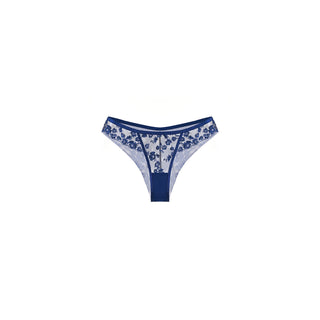 A pair of women's lingerie lace Brazilian style panties in Deep Blue, featuring a floral lace pattern on the front and sides with a solid navy waistband and leg openings, displayed on a clean white background.