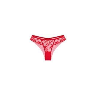 A pair of women's lingerie lace Brazilian style panties in Lipstick Red color, featuring a floral lace pattern on the front and sides with a solid red waistband and leg openings, displayed on a clean white background.