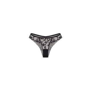 A pair of women's lingerie lace Brazilian style panties in Black color, featuring a floral lace pattern on the front and sides with a solid black waistband and leg openings, displayed on a clean white background.