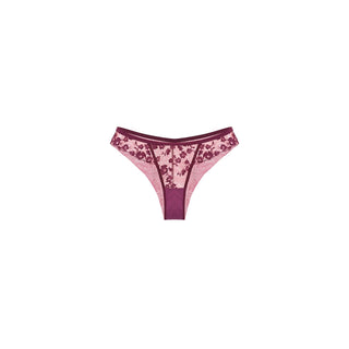 A pair of women's lingerie lace Brazilian style panties in Plum color, featuring a floral lace pattern on the front and sides with a solid plum waistband and leg openings, displayed on a clean white background.