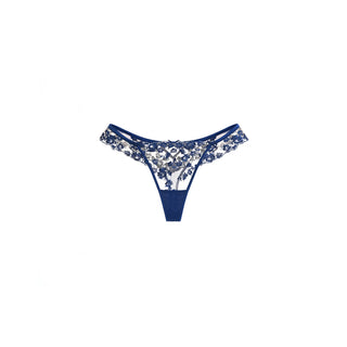 A pair of women's lingerie lace brief thong in Deep Blue color, featuring a floral lace pattern on the front and sides with a solid blue waistband and leg openings, displayed on a clean white background.