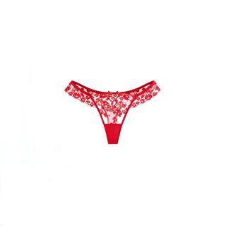 A pair of women's lingerie lace brief thong in Lipstick Red color, featuring a floral lace pattern on the front and sides with a solid Red waistband and leg openings, displayed on a clean white background.