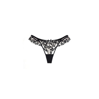 A pair of women's lingerie lace brief thong in Black color, featuring a floral lace pattern on the front and sides with a solid black waistband and leg openings, displayed on a clean white background.