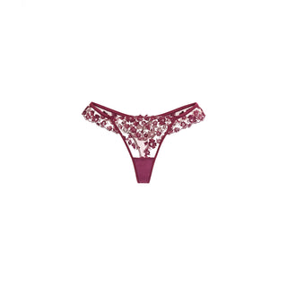A pair of women's lingerie lace brief thong in Plum color, featuring a floral lace pattern on the front and sides with a solid Plum waistband and leg openings, displayed on a clean white background.