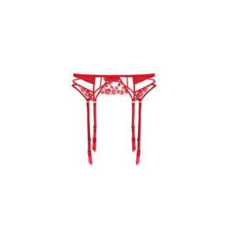 Shikkosa lipstick red lace lingerie garter belt with matching red suspenders, shown against a plain white background.