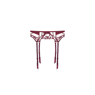 Shikkosa plum AW26 color of the year lace lingerie garter belt with matching plum suspenders, shown against a plain white background.