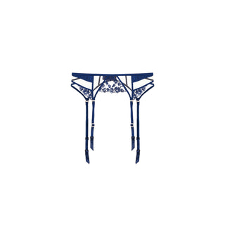 Shikkosa elegant deep blue lace lingerie garter belt with matching blue suspenders, shown against a plain white background.