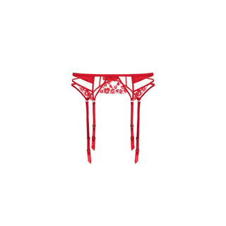 Shikkosa Red lace lingerie garter belt with matching red suspenders, shown against a plain white background.
