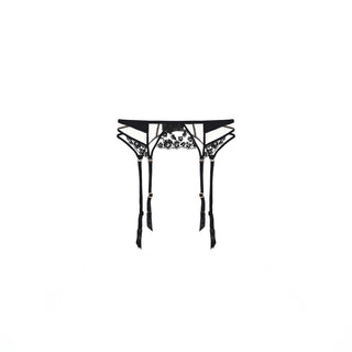 Shikkosa black lace lingerie garter belt with matching black suspenders, shown against a plain white background.