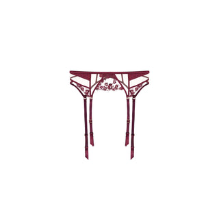 Shikkosa plum color lace lingerie garter belt with matching plum suspenders, shown against a plain white background.