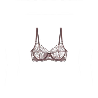 A brown lace underwire bra with thin adjustable shoulder straps and a delicate scalloped lace trim, shown against a plain white background.