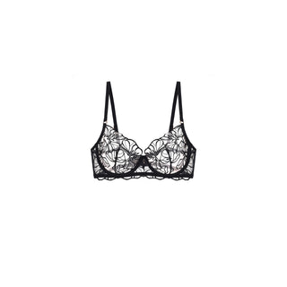 Black floral lace underwire bra with thin adjustable shoulder straps, shown flat against a solid white background.