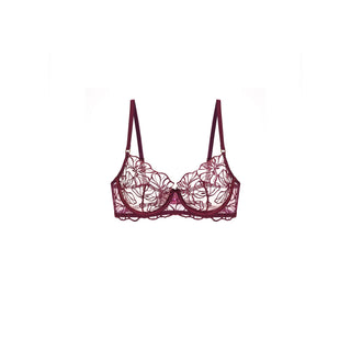 A burgundy lace underwire bra with floral patterns and adjustable shoulder straps, shown against a plain white background.
