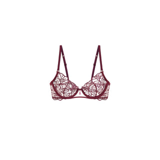 A burgundy lace underwire bra with adjustable shoulder straps, shown flat against a solid white background.